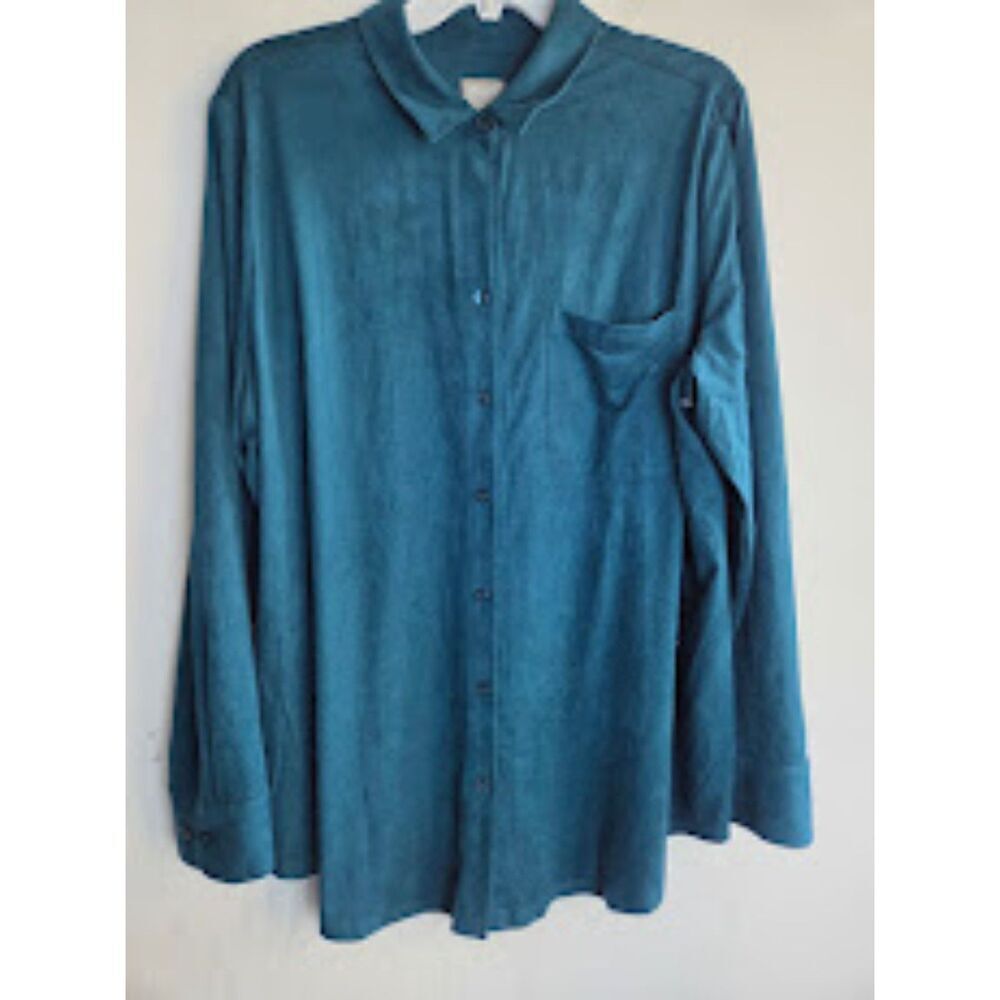 Chico's Women Teal Blue Faux Suede Tunci Button Down Blouse size 3 or US 16/18